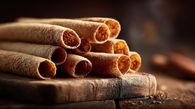Close-up of golden brandy snap tubes stacked elegantly on rustic wooden board