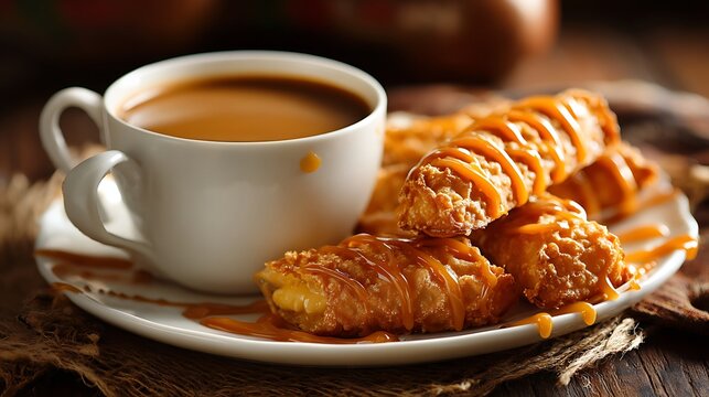 Golden brandy snaps with caramel drizzle beside cup of coffee close-up
