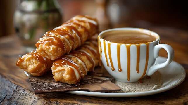 Golden brandy snaps with caramel drizzle beside cup of coffee close-up
