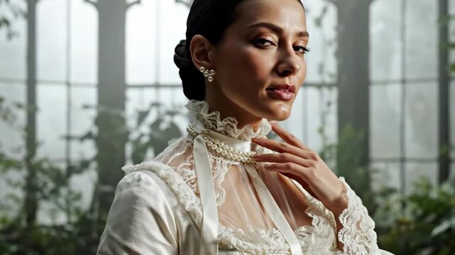 Elegant woman in ivory lace high collar and pearls wearing victorian fashion inside a glass conservatory with soft daylight, refined botanical shadows, regal portrait mood, and vintage couture grace