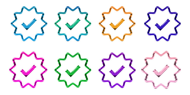Set of colorful check mark icons in a wavy star shape, isolated on transparent background