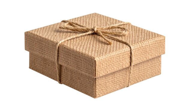 Textured, square gift box tied with twine, lid atop, casting subtle shadows on a plain, white background
