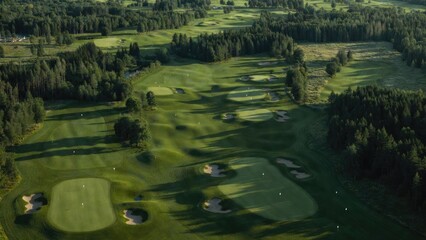 Naklejka premium Aerial view of lush golf course landscape green fields scenic overview nature's beauty
