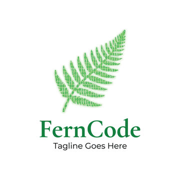 FernCode logo with binary code integrated into a green fern leaf shape.