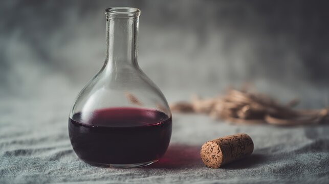 Deep garnet Barolo in decanter with cork adjacent, soft light shallow depth, traditional Italian wine elegant display