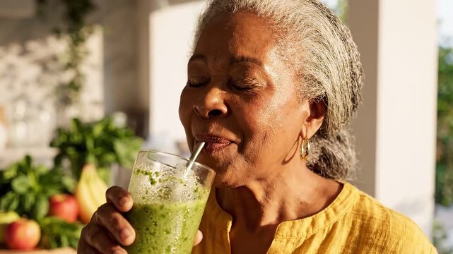 A mature woman with grey hair enjoying a healthy green smoothie, with fresh fruits and vegetables in the background. She is sipping through a metal straw, eyes closed with a look of contentment