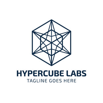 Geometric hypercube wireframe logo for science and technology laboratories.