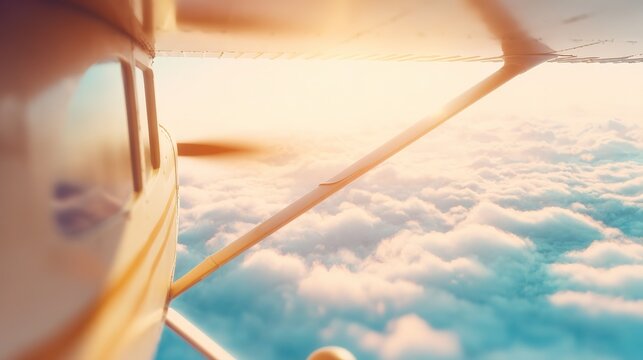 From cockpit, single-wing plane wing stretching over clouds, soft dawn light, shallow depth, cinematic altitude