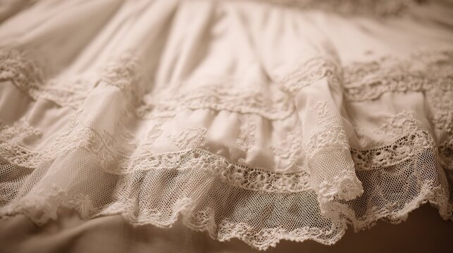 Flat-lay of vintage white petticoat with multiple lace and tulle layers, soft diffused light emphasizing fine textile details, neutral background