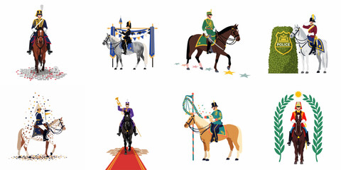 Fototapeta premium Collection of diverse ceremonial mounted guards in traditional uniforms on different horses, illustrating military heritage, parades, and historical celebration events.