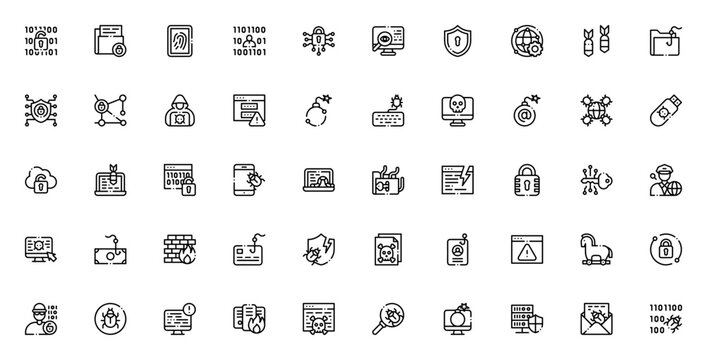 Cyber attack icon set. Minimal vector icons pack. Includes symbols for padlock, hacker, malware, phishing, shield, skull, firewal, bug, password, ddos, and more. Editable vector stroke.