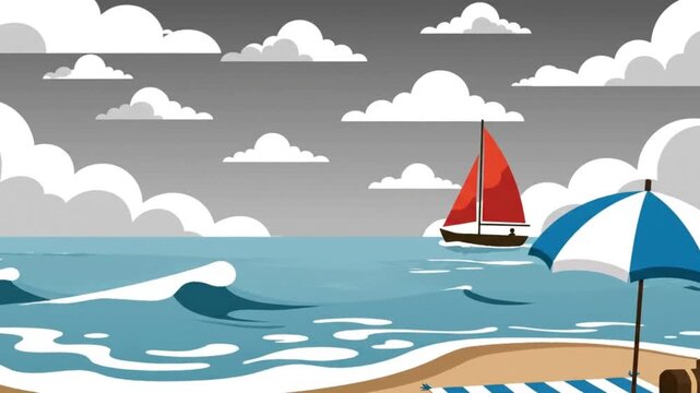 Beach landscape illustration with umbrella and sailboat under a cloudy overcast sky
