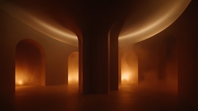 Dim warm interior, red-brown and amber, smooth enclosing walls, faint curled silhouette, misty, like protective cocoon