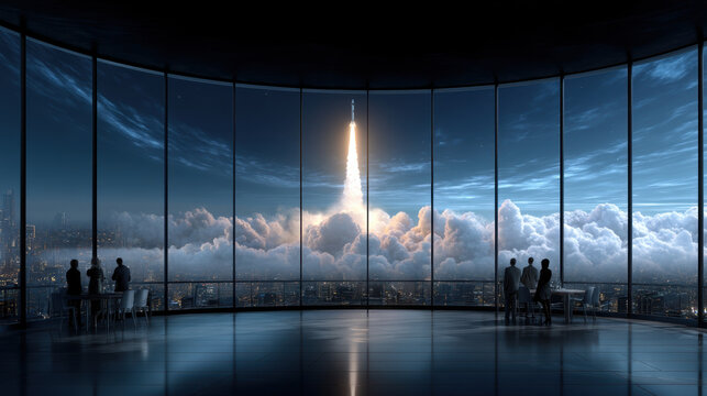 Space exploration funding rocket launch cloud skyline office window business people night city futuristic
