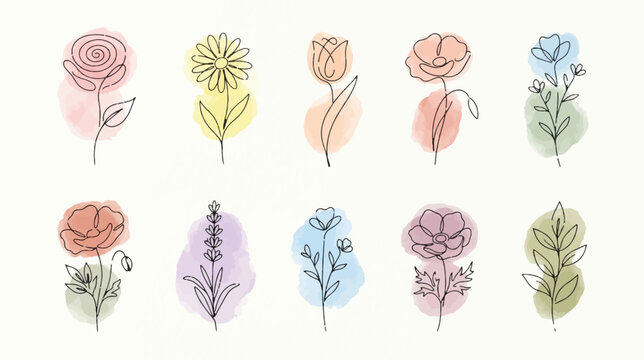 Collection of minimalist oneline flowers with colorful watercolor accents.