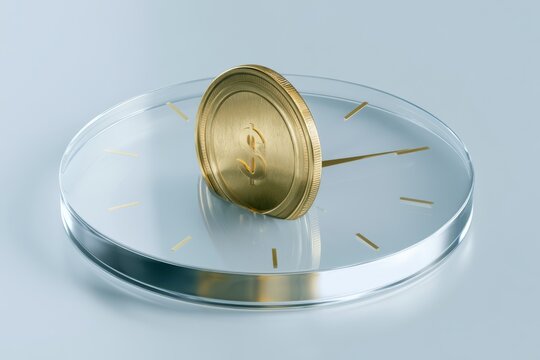 Coin positioned within clock face as time investment concept