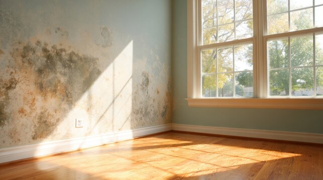 Light shines on a vacant room with peeling paint and wooden floor at midday