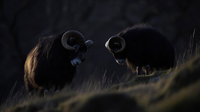 Two rams lowering heads in confrontation on grassy hillside, tense moment before clash, dramatic sidelight