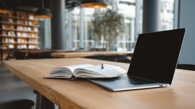 Workspace setup with laptop and open book at library table in daytime