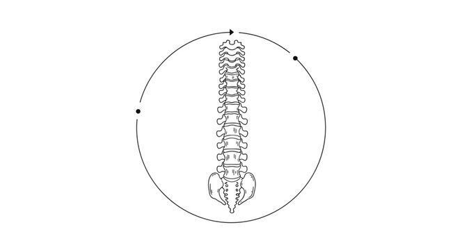 Minimalist line drawing of a human spinal column positioned inside a circular frame used for medical or chiropractic branding concepts.