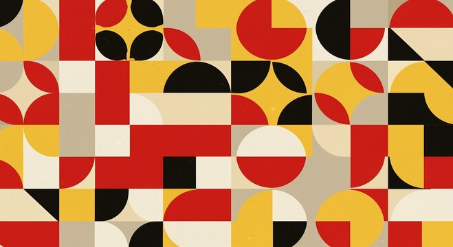 Abstract geometric pattern background with Bauhaus inspired circles and squares in red yellow and black