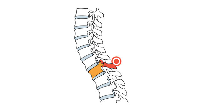 Medical diagram of the human lower back vertebrae showing a herniated disc and pinched nerve highlighted in red for spinal health education.