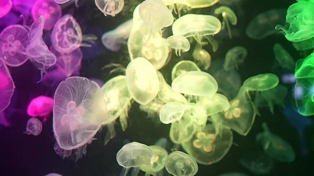 Closeup of Sea Moon jellyfish translucent blue light color and dark background.Aurelia aurita swimming underwater shots glowing jellyfish moving in water