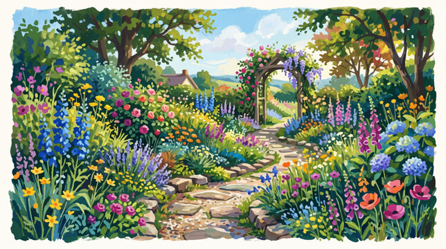 Lush Colorful Garden Scene with Winding Stone Path and Blooming Archway.