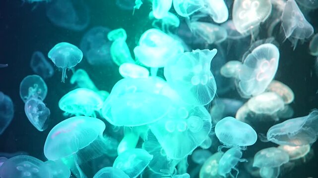 Closeup of Sea Moon jellyfish translucent blue light color and dark background.Aurelia aurita swimming underwater shots glowing jellyfish moving in water