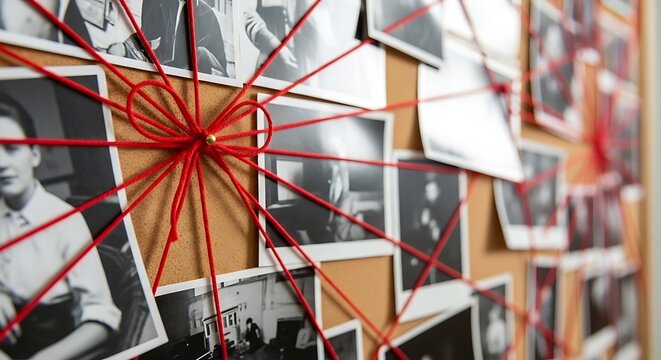 A corkboard covered in black and white photos tied with red string