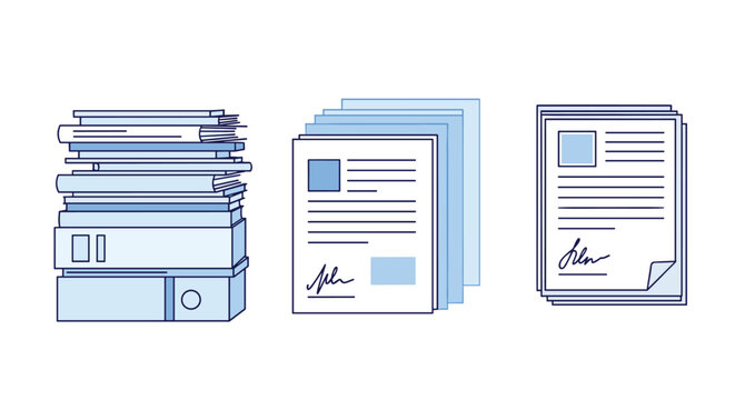 Professional illustration of various document stacks folders and signed papers representing office bureaucracy organization and paperwork management.