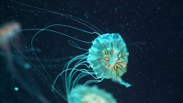 Closeup of Sea Moon jellyfish translucent blue light color and dark background.Aurelia aurita swimming underwater shots glowing jellyfish moving in water