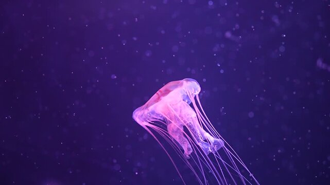 Closeup of Sea Moon jellyfish translucent blue light color and dark background.Aurelia aurita swimming underwater shots glowing jellyfish moving in water