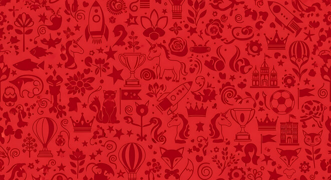 Seamless pattern background, featuring red of, rockets, unicorns, trophies, castles, and soccer, balls on a, solid red backdrop, for festive