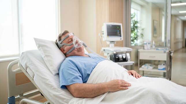 Patient wearing CPAP mask during polysomnography sleep study in clinic