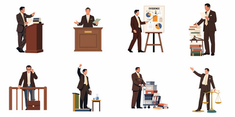 Fototapeta premium Collection of flat design illustrations showing a professional male lawyer in different courtroom and legal activities like presenting evidence and defending clients.
