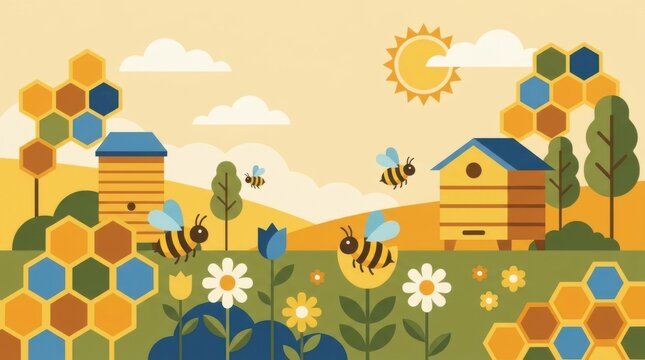 Vibrant illustration of bees buzzing around a sunny landscape scene
