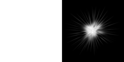 Fototapeta premium White glowing light burst with radiating rays and lens flare on transparent and black background, isolated overlay element