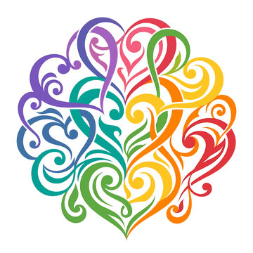 Vibrant abstract illustration of interconnected swirling hearts forming a decorative, colorful pattern, symbolizing unity and love through ornate graphic design