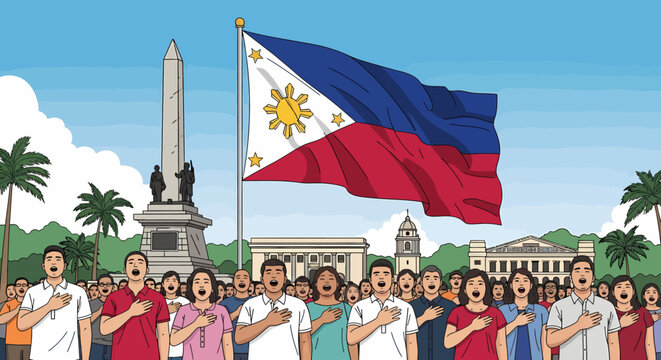 Filipino people singing national anthem with flag and Rizal monument in background.