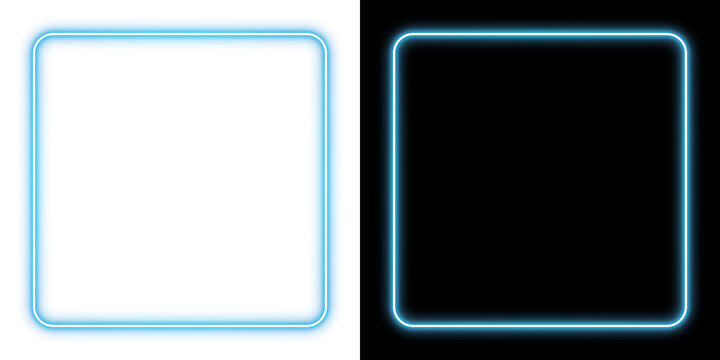 Blue glowing neon square frame with rounded corners on transparent and black background, isolated border overlay
