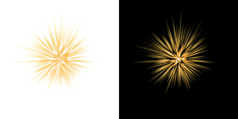Fototapeta premium Golden sparkle starburst firework with spiky rays on transparent and black background, isolated glowing overlay