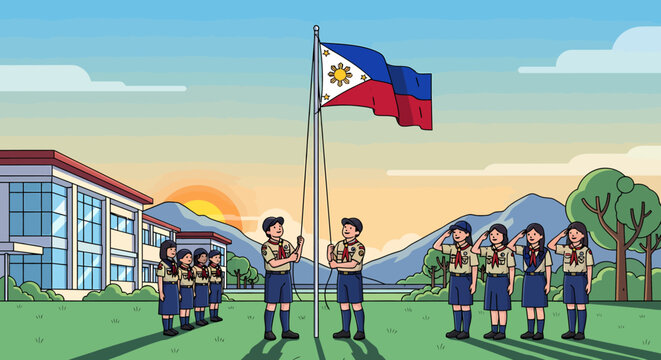 Philippine Flag Raising Ceremony at School with Scouts.