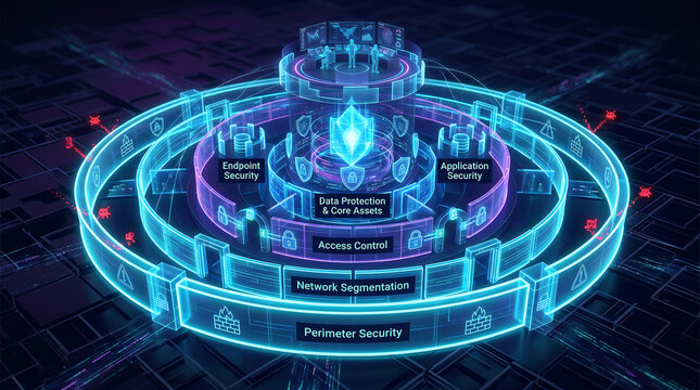 Layered cybersecurity infrastructure model showing perimeter security network segmentation access control.