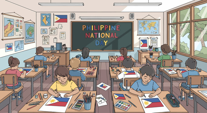 Philippine National Day Celebration in a Classroom with Students Drawing Flags.