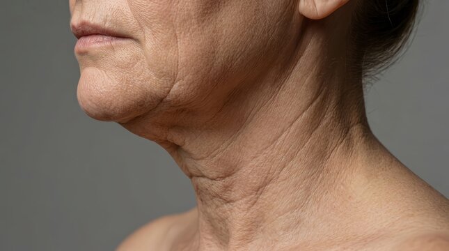 Close-up of sagging neck skin wrinkles and loose tissue on a woman's chin.