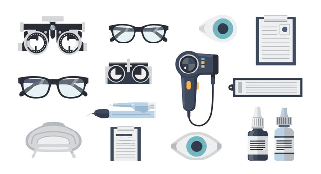 Professional ophthalmology equipment set including eye exam tools, glasses, and diagnostic charts for vision care services.