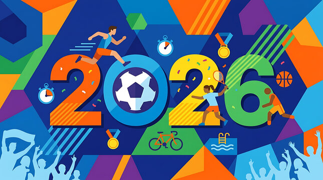 Colorful 2026 sports event featuring soccer ball, running athletes, medals, and geometric shapes in vibrant blue, orange, and green