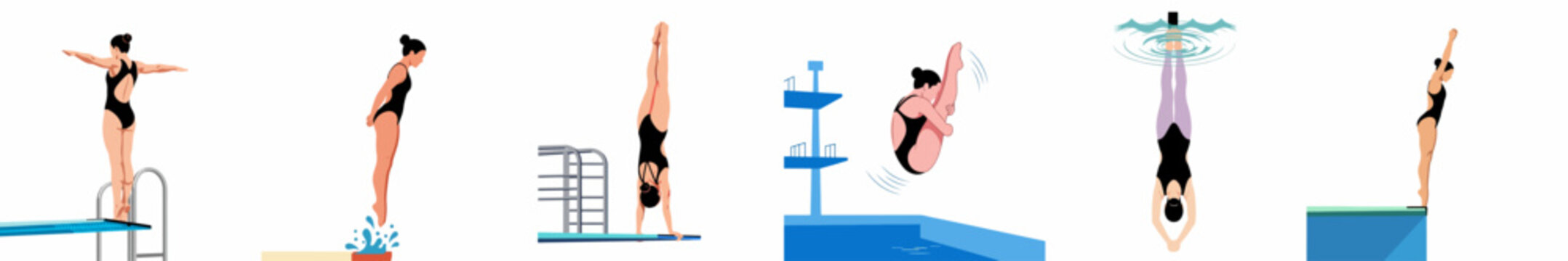 Flat illustration set of female divers in various positions and stages of jumping from platforms and springboards.