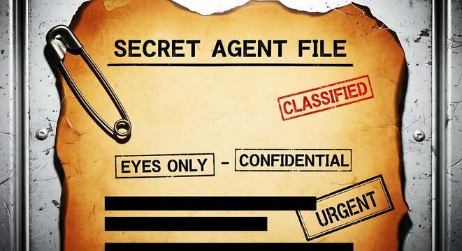 A classified secret agent file on a metal background with safety pins